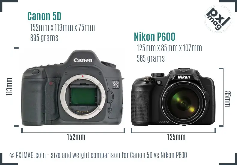 Canon 5D vs Nikon P600 size comparison