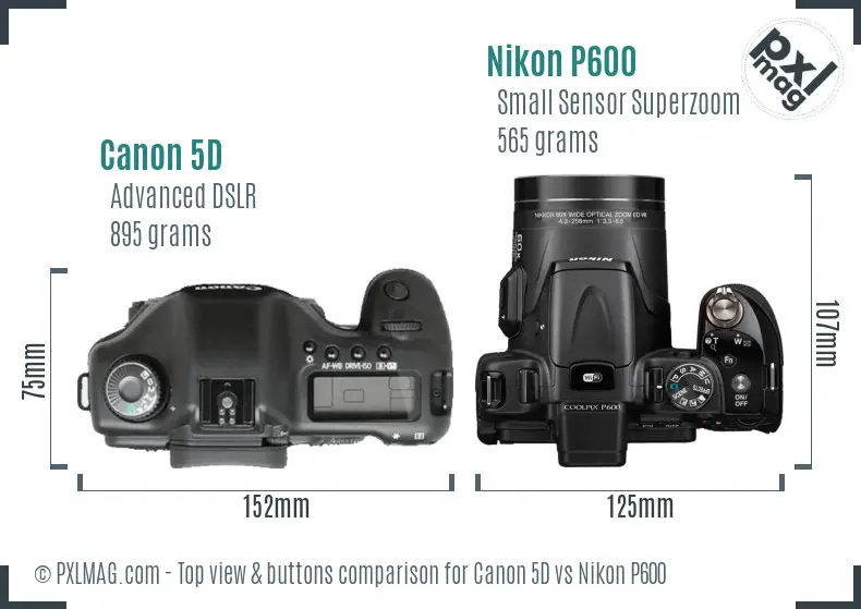 Canon 5D vs Nikon P600 top view buttons comparison