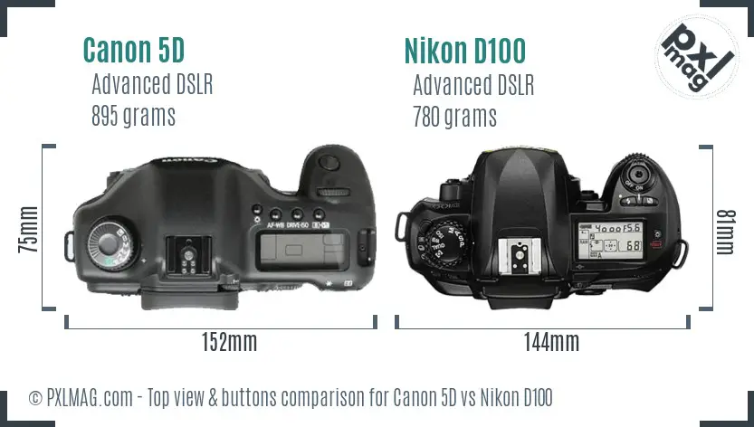 Canon 5D vs Nikon D100 top view buttons comparison Canon 5D vs Nikon D100 top view buttons comparison