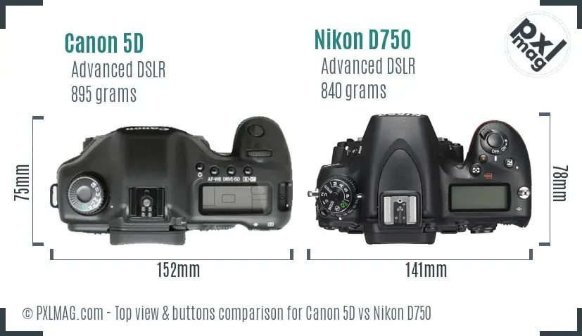 Canon 5D vs Nikon D750 top view buttons comparison