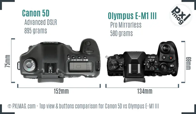 Canon 5D vs Olympus E-M1 III top view buttons comparison Canon 5D vs Olympus E-M1 III top view buttons comparison
