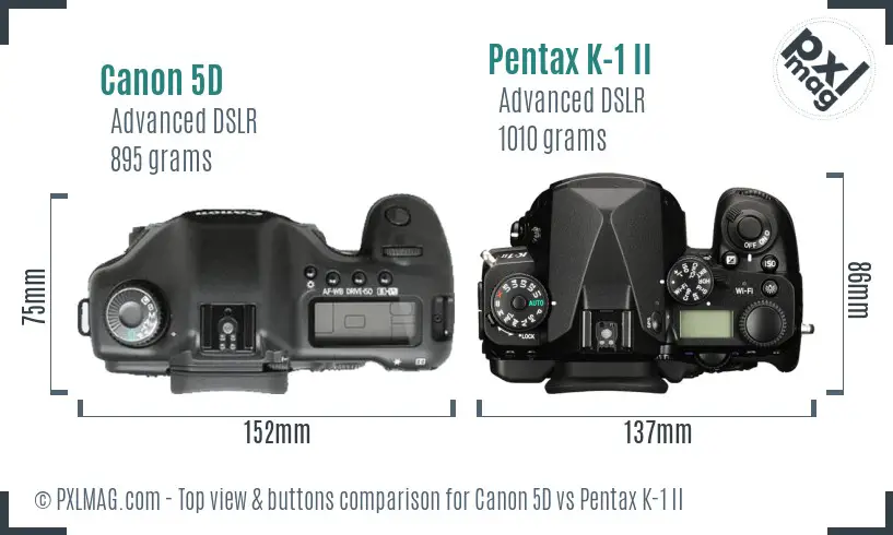 Canon 5D vs Pentax K-1 II top view buttons comparison