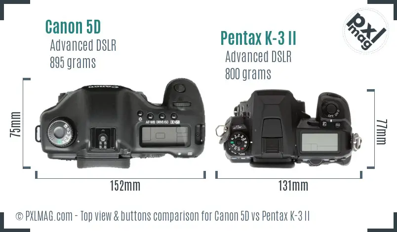 Canon 5D vs Pentax K-3 II top view buttons comparison