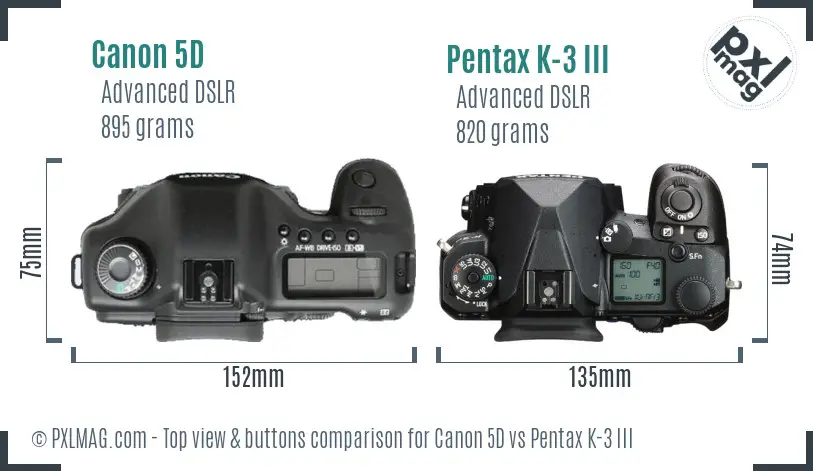 Canon 5D vs Pentax K-3 III top view buttons comparison