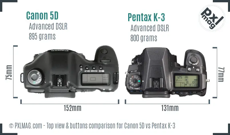 Canon 5D vs Pentax K-3 top view buttons comparison