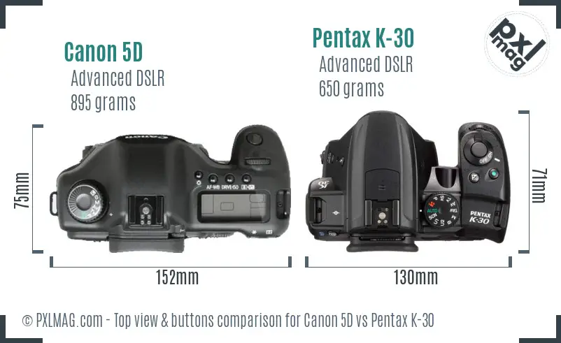 Canon 5D vs Pentax K-30 top view buttons comparison