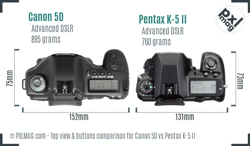 Canon 5D vs Pentax K-5 II top view buttons comparison
