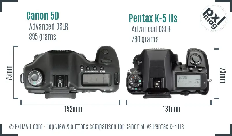 Canon 5D vs Pentax K-5 IIs top view buttons comparison