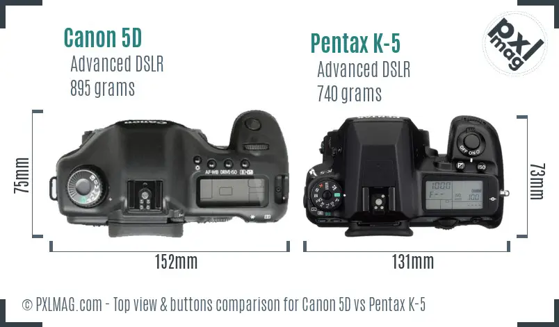 Canon 5D vs Pentax K-5 top view buttons comparison