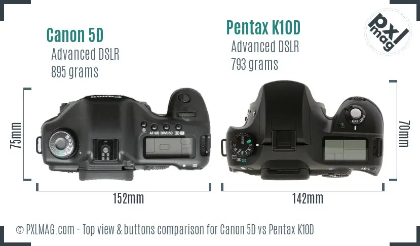 Canon 5D vs Pentax K10D top view buttons comparison