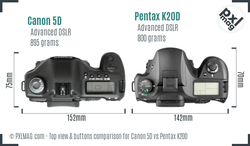 Canon 5D vs Pentax K20D top view buttons comparison