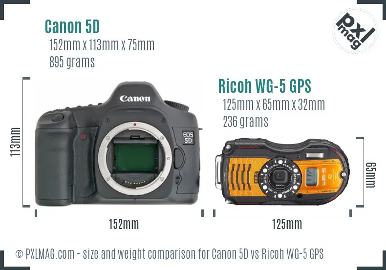 Canon 5D vs Ricoh WG-5 GPS size comparison