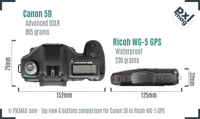 Canon 5D vs Ricoh WG-5 GPS top view buttons comparison