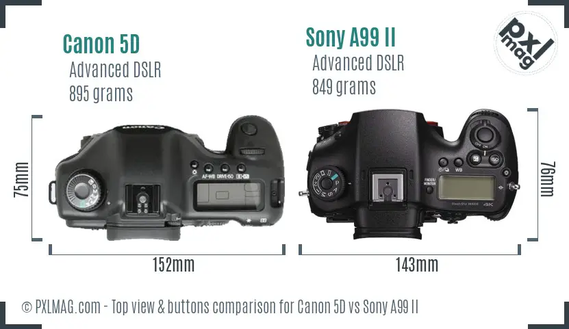 Canon 5D vs Sony A99 II top view buttons comparison