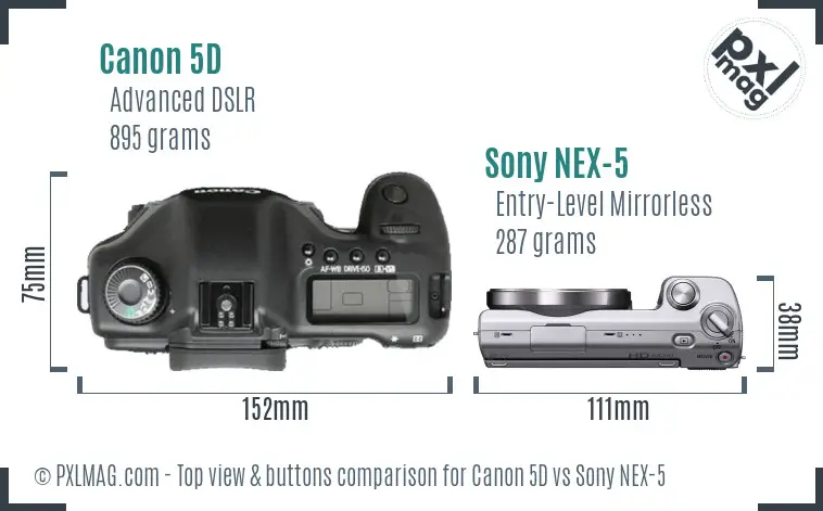 Canon 5D vs Sony NEX-5 top view buttons comparison Canon 5D vs Sony NEX-5 top view buttons comparison