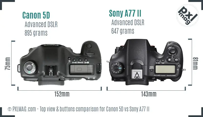 Canon 5D vs Sony A77 II top view buttons comparison