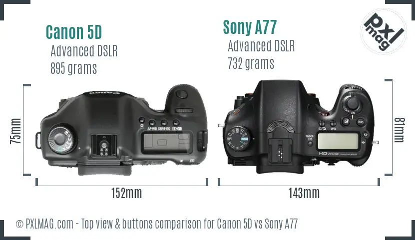 Canon 5D vs Sony A77 top view buttons comparison