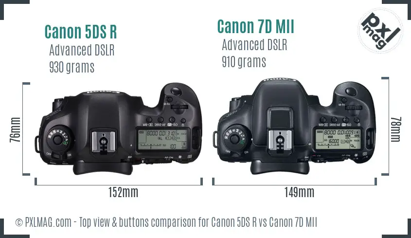 Canon 5DS R vs Canon 7D MII top view buttons comparison
