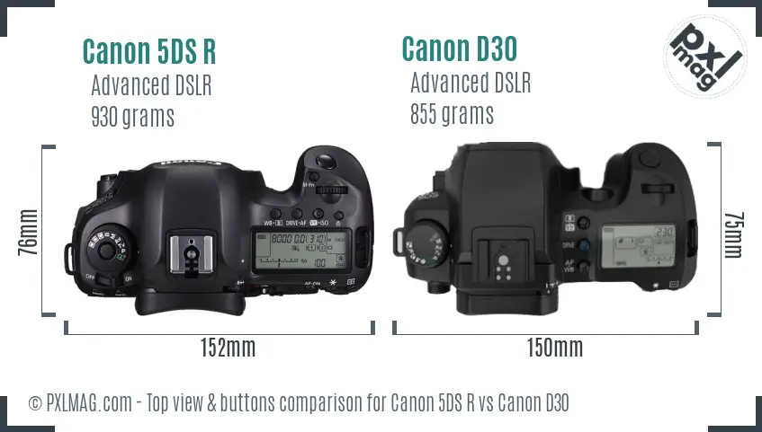 Canon 5DS R vs Canon D30 top view buttons comparison