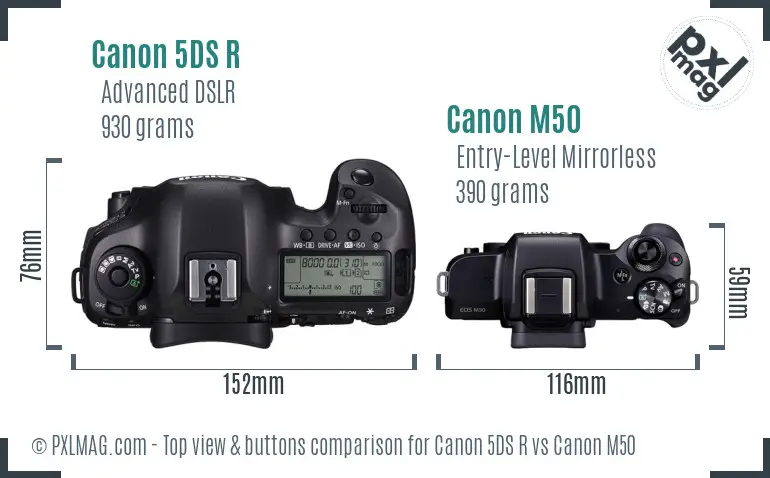 Canon 5DS R vs Canon M50 top view buttons comparison Canon 5DS R vs Canon M50 top view buttons comparison