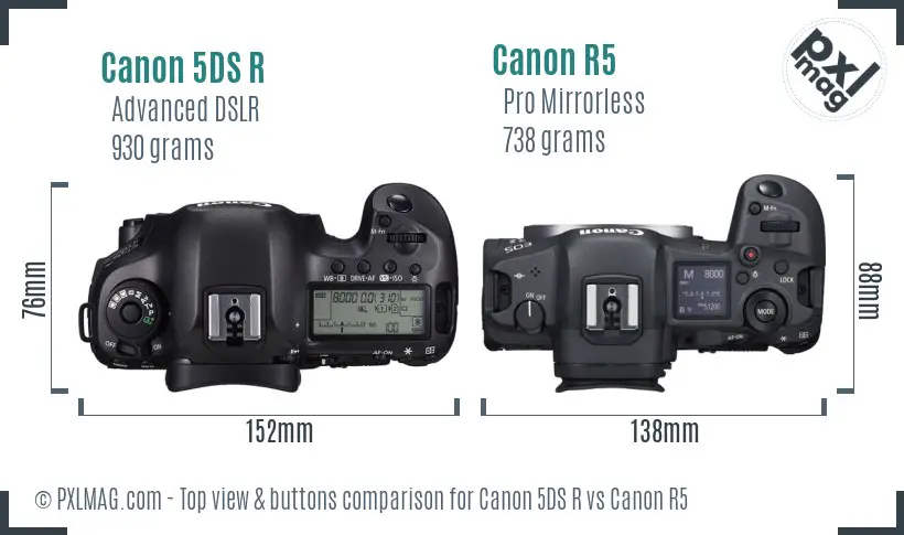 Canon 5DS R vs Canon R5 top view buttons comparison Canon 5DS R vs Canon R5 top view buttons comparison