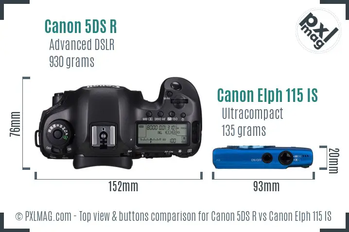 Canon 5DS R vs Canon Elph 115 IS top view buttons comparison Canon 5DS R vs Canon Elph 115 IS top view buttons comparison