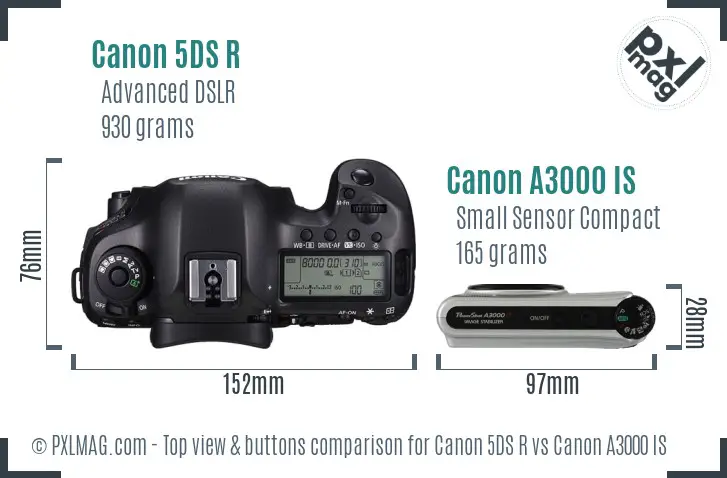 Canon 5DS R vs Canon A3000 IS top view buttons comparison