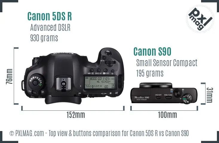 Canon 5DS R vs Canon S90 top view buttons comparison