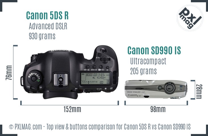 Canon 5DS R vs Canon SD990 IS top view buttons comparison