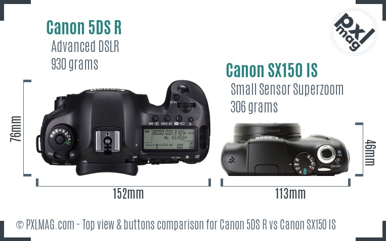 Canon 5DS R vs Canon SX150 IS top view buttons comparison