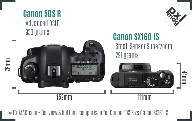 Canon 5DS R vs Canon SX160 IS top view buttons comparison Canon 5DS R vs Canon SX160 IS top view buttons comparison