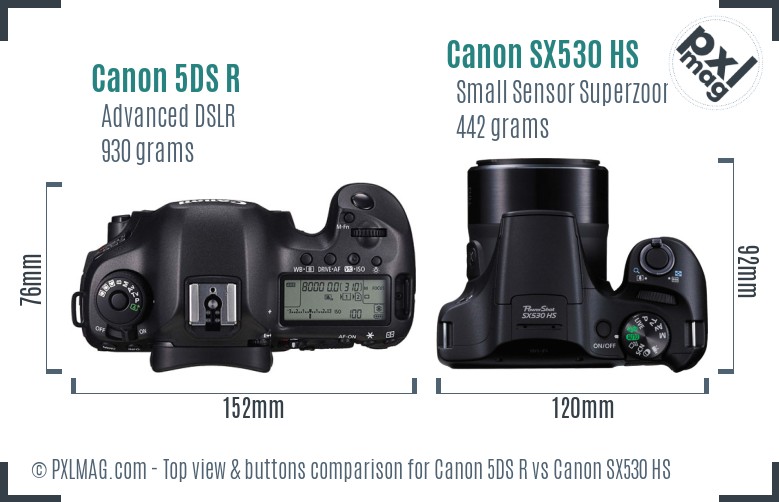 Canon 5DS R vs Canon SX530 HS top view buttons comparison