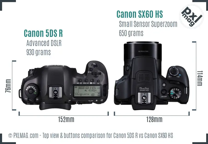 Canon 5DS R vs Canon SX60 HS top view buttons comparison