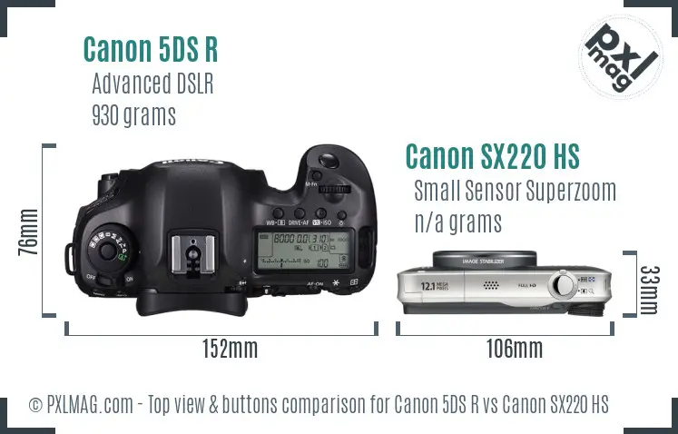 Canon 5DS R vs Canon SX220 HS top view buttons comparison Canon 5DS R vs Canon SX220 HS top view buttons comparison