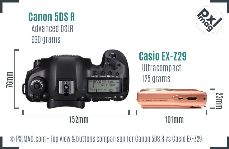 Canon 5DS R vs Casio EX-Z29 top view buttons comparison
