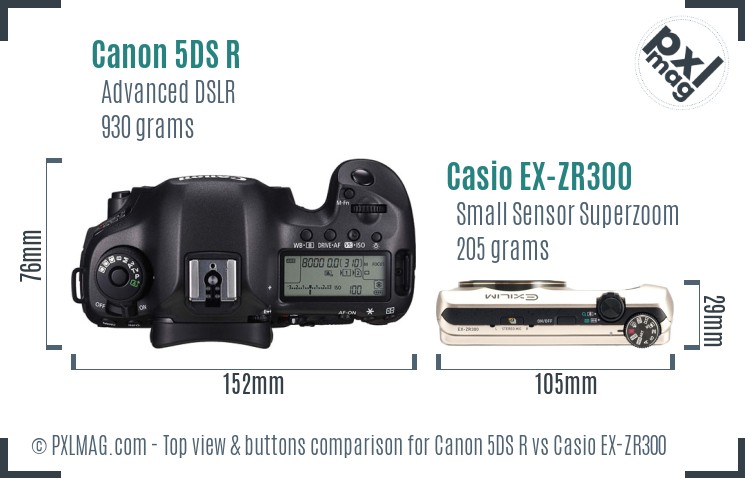 Canon 5DS R vs Casio EX-ZR300 top view buttons comparison