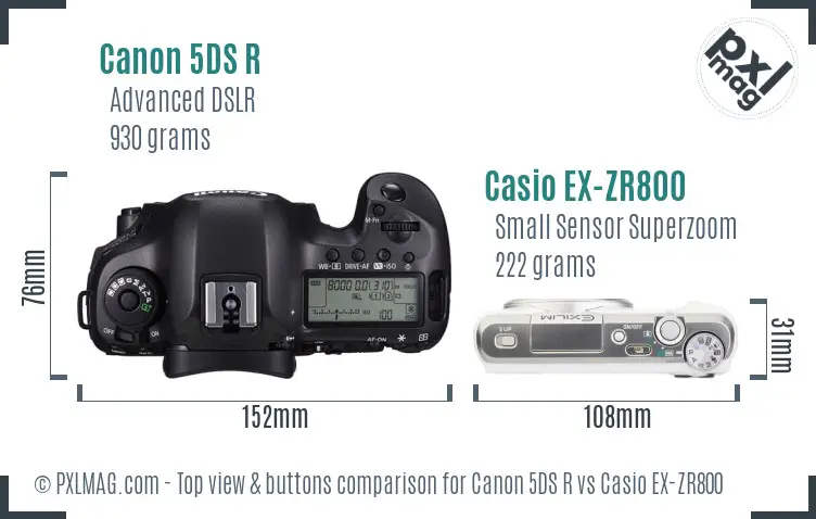 Canon 5DS R vs Casio EX-ZR800 top view buttons comparison Canon 5DS R vs Casio EX-ZR800 top view buttons comparison