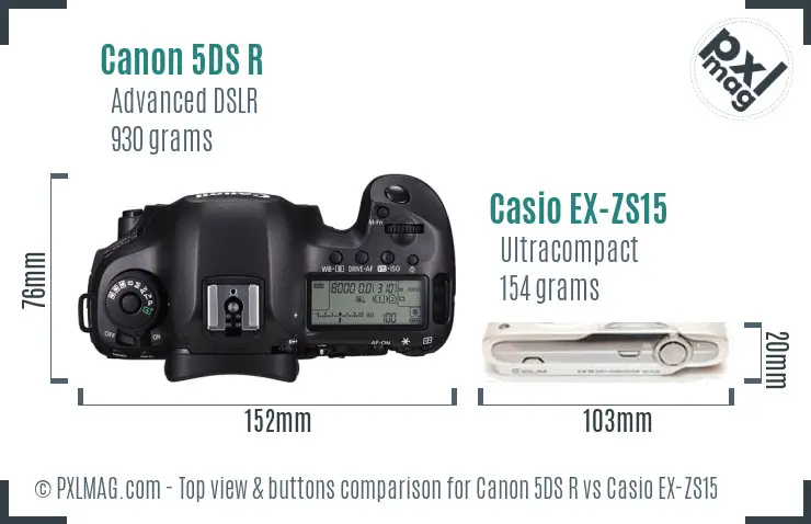 Canon 5DS R vs Casio EX-ZS15 top view buttons comparison