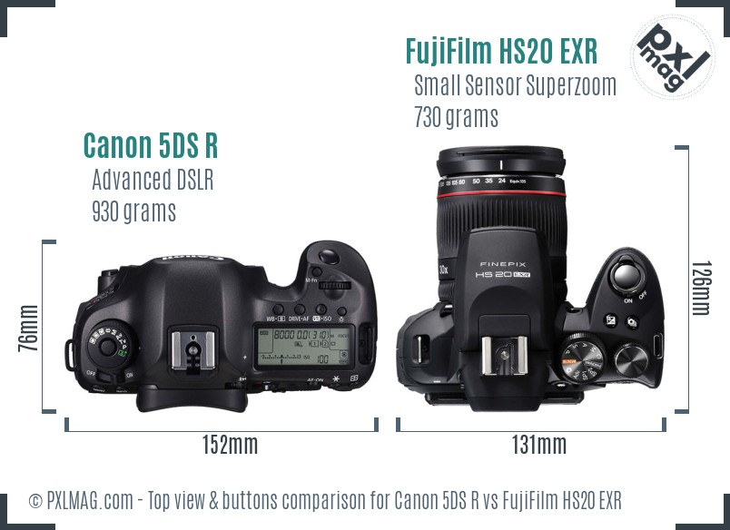Canon 5DS R vs FujiFilm HS20 EXR top view buttons comparison
