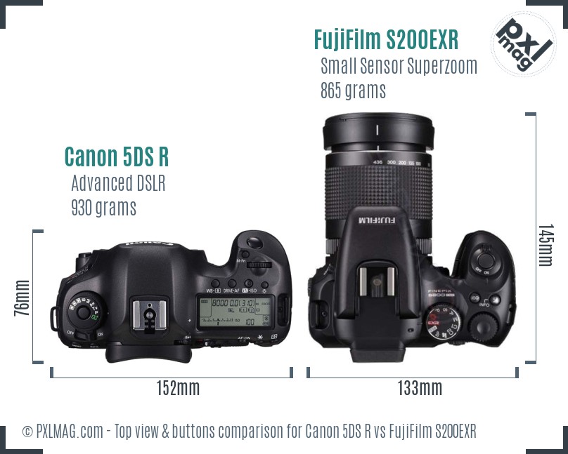 Canon 5DS R vs FujiFilm S200EXR top view buttons comparison
