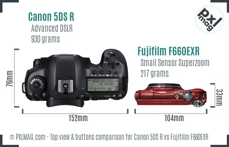 Canon 5DS R vs Fujifilm F660EXR top view buttons comparison