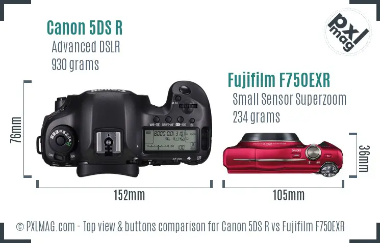 Canon 5DS R vs Fujifilm F750EXR top view buttons comparison