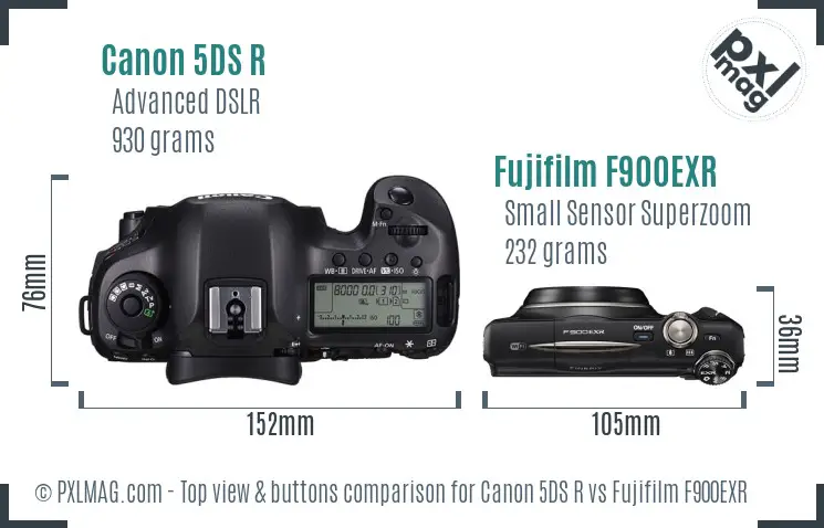 Canon 5DS R vs Fujifilm F900EXR top view buttons comparison Canon 5DS R vs Fujifilm F900EXR top view buttons comparison
