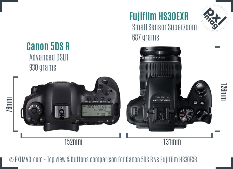 Canon 5DS R vs Fujifilm HS30EXR top view buttons comparison