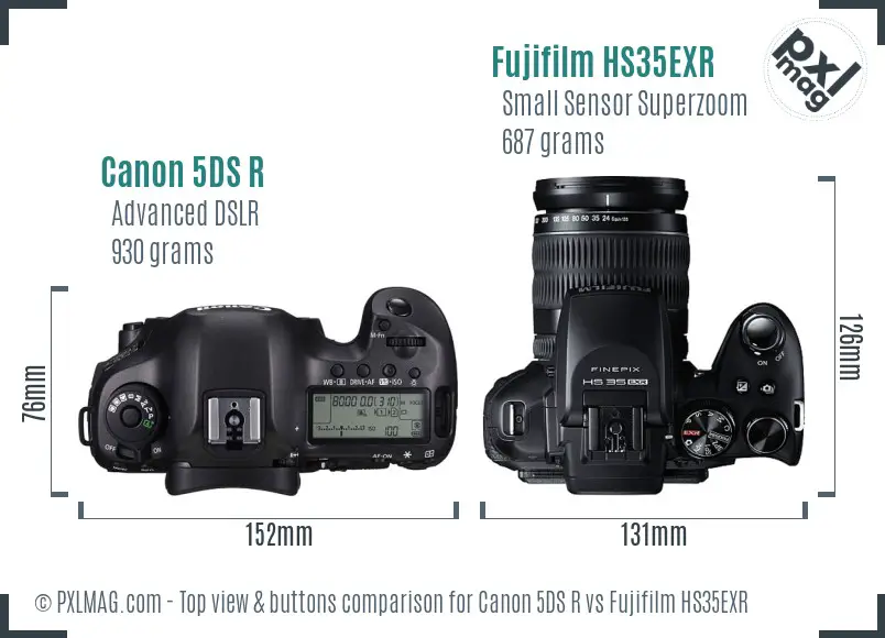 Canon 5DS R vs Fujifilm HS35EXR top view buttons comparison Canon 5DS R vs Fujifilm HS35EXR top view buttons comparison