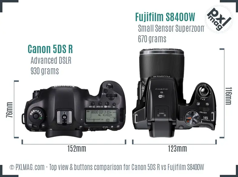 Canon 5DS R vs Fujifilm S8400W top view buttons comparison