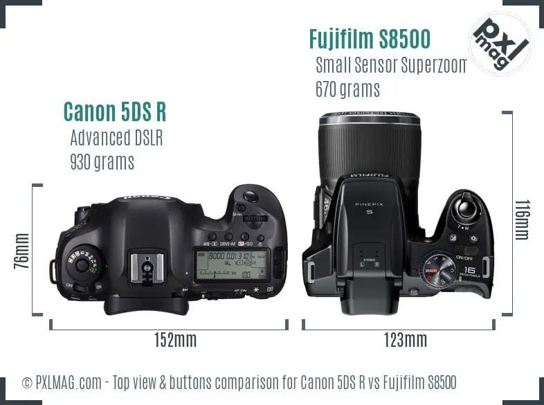 Canon 5DS R vs Fujifilm S8500 top view buttons comparison Canon 5DS R vs Fujifilm S8500 top view buttons comparison