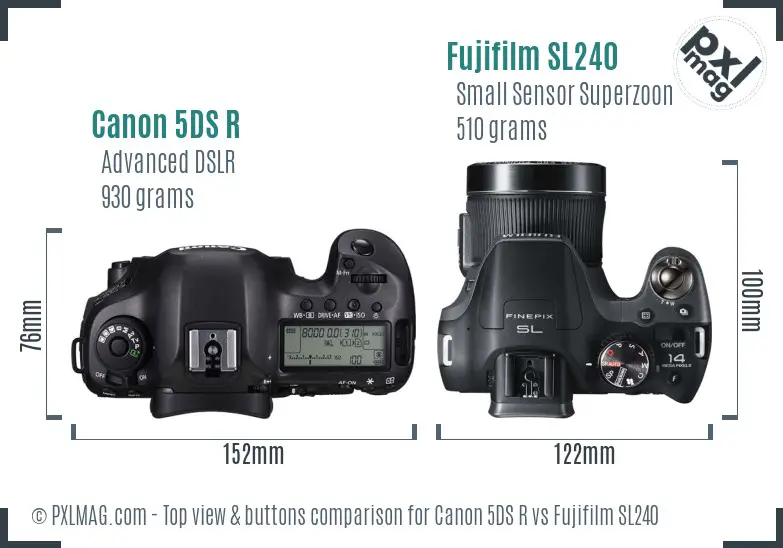 Canon 5DS R vs Fujifilm SL240 top view buttons comparison Canon 5DS R vs Fujifilm SL240 top view buttons comparison