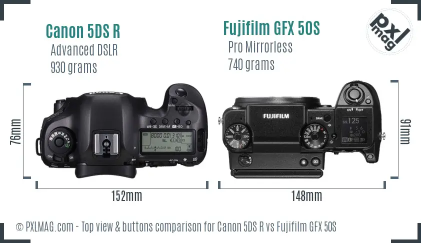Canon 5DS R vs Fujifilm GFX 50S top view buttons comparison Canon 5DS R vs Fujifilm GFX 50S top view buttons comparison