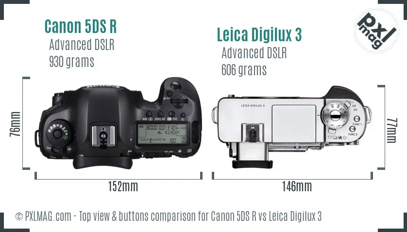 Canon 5DS R vs Leica Digilux 3 top view buttons comparison